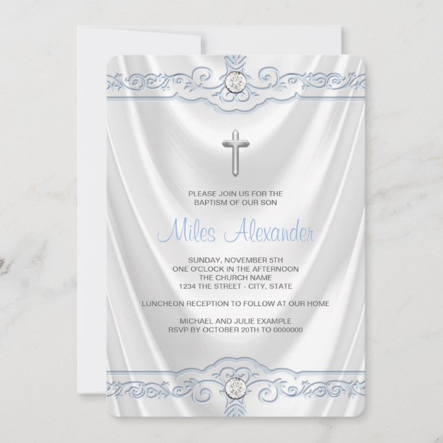 Convites Batismo branco e azul Christening White Satin (Frente)