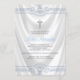 Convites Batismo Branco e Azul Cristo Branco Cetim