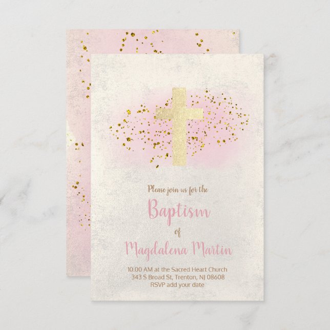 Convites Batismo | Brilho FAUX e aquarela cor-de-rosa (Frente/Verso)