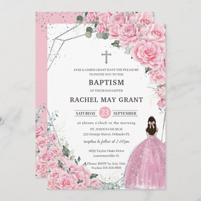 Convites Batismo Chic Pink Floral Silver Girl Christening (Frente/Verso)