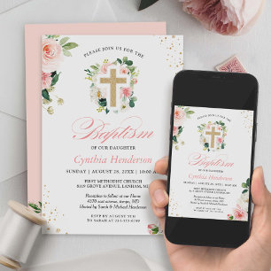 Convites Batismo Christening Dourado Blush Floral Rosa