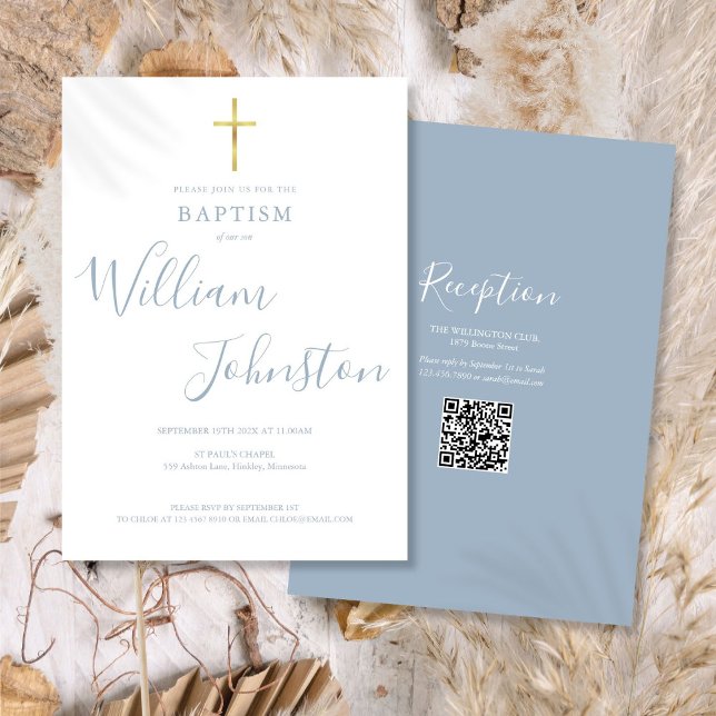 Convites Batismo Christening Dourado Cross Dusty Blue QR Co (Baptism Christening Gold Cross Dusty Blue QR Code Invitation)