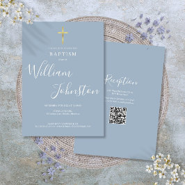 Convites Batismo Christening Dourado Cross Dusty Blue QR Co