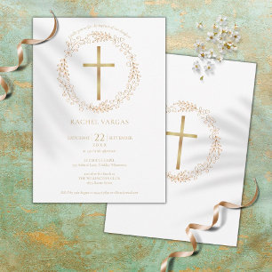 Convites Batismo Christening Dourado Cross Floral
