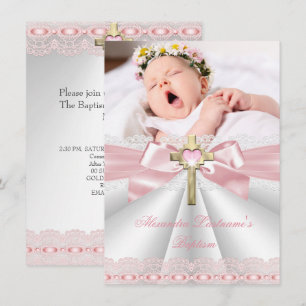 Convites Batismo Christening Dourado Cross Girls Rosa 2