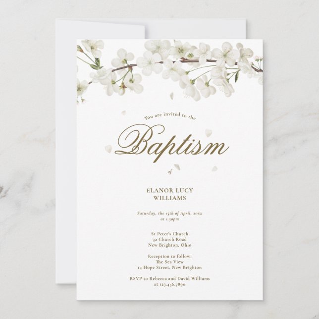 Convites Batismo Christening Elegante White Blossom Floral  (Frente)