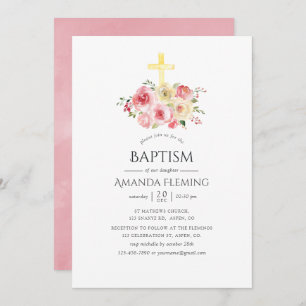 Convites Batismo/Christening Floral Cor-de-Rosa Esbranquiça