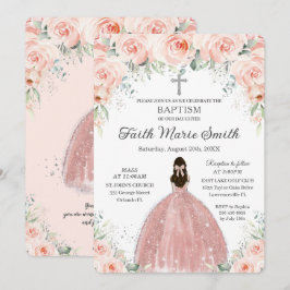 Convites Batismo Christening Girl Blush Floral Rosa Silver