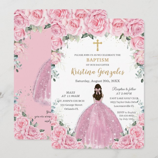 Convites Batismo Christening Girl Rosa Floral Dourada (Frente/Verso)