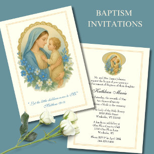 Convites Batismo Christening Mary Jesus Blue Floral