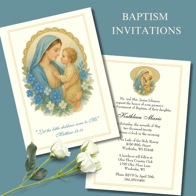 Convites Batismo Christening Mary Jesus Blue Floral (Criador carregado)
