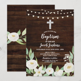 Convites Batismo Christening White Flowers Rustic Wood