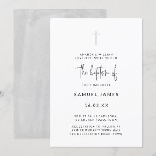 Convites Batismo Cinza Mínimo Moderno Aquarela Manuscrita