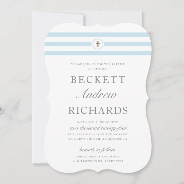 Convites Batismo Clássico de Blue Stripe (Frente)