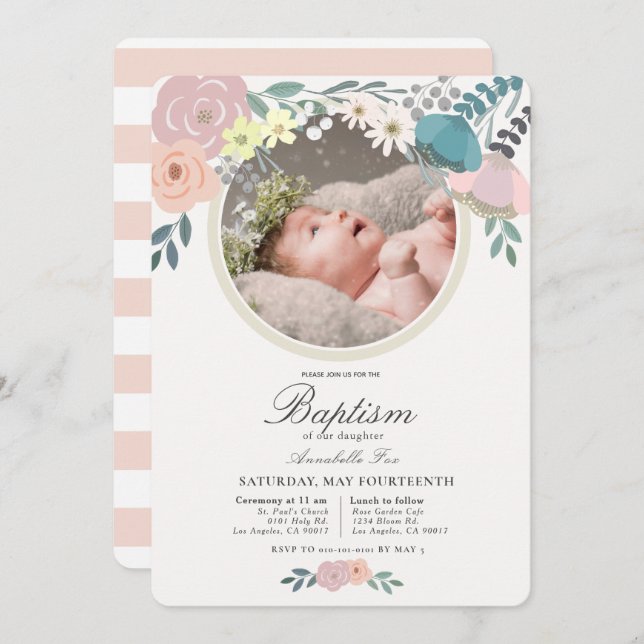 Convites Batismo com a Fotografia Floral Rosa (Frente/Verso)