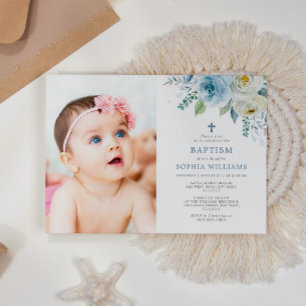 Convites Batismo com a Rosa Floral de Foto Dusty Blue