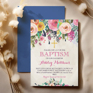 Convites Batismo com Aquarela Floral Rosa