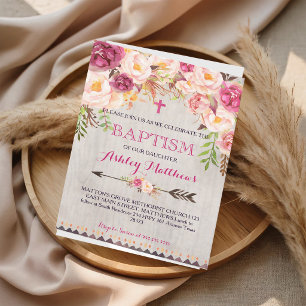 Convites Batismo com Aquarela Floral Rosa