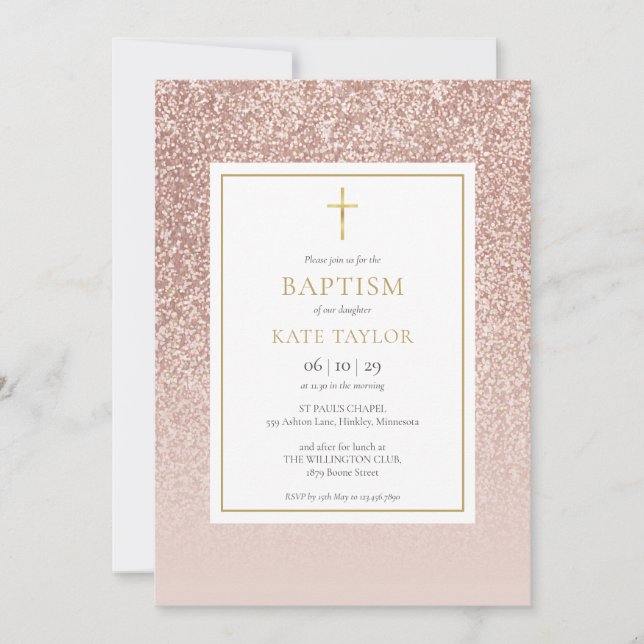 Convites Batismo com Brilho em Rose Gold (Frente)