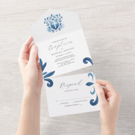 Convites Batismo com Cartão RSVP Cres Azuis Dusty
