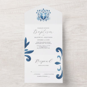 Convites Batismo com Cartão RSVP Cres Azuis Dusty