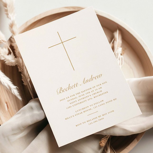 Convites Batismo com Cruz de Ouro Simples em Script (Elegant, simple cross gold baptism invitations.)