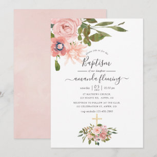Convites Batismo com Floral em Aquarela Rosa e Dourado Rosa