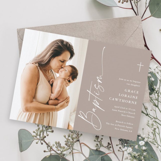 Convites Batismo com Foto Neutra em Letra Moderna e Elegant (Modern script photo baptism invitations.)