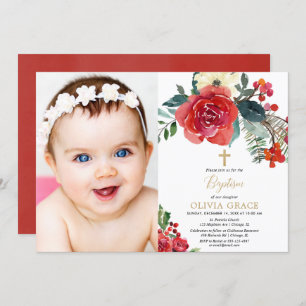 Convites Batismo com fotografia elegante floral de cor aquo