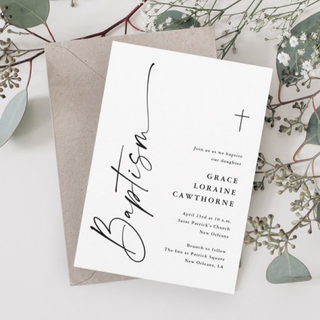 Convites Batismo com Gênero Neutro Preto e Branco em Letra  (Modern Elegant Black and White Script Gender Neutral Baptism Invitations.)