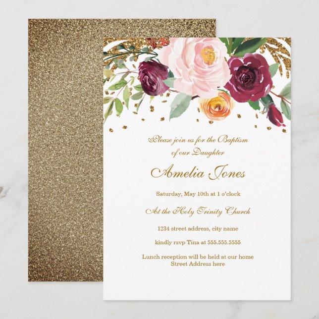 Convites Batismo com Glitter Floral Bege Borgonha (Frente/Verso)