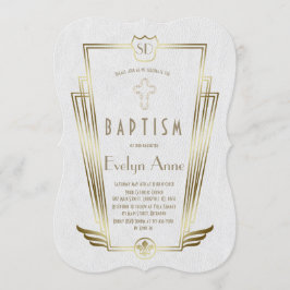 Convites Batismo com Monograma Art Déco Branco Dourado Real