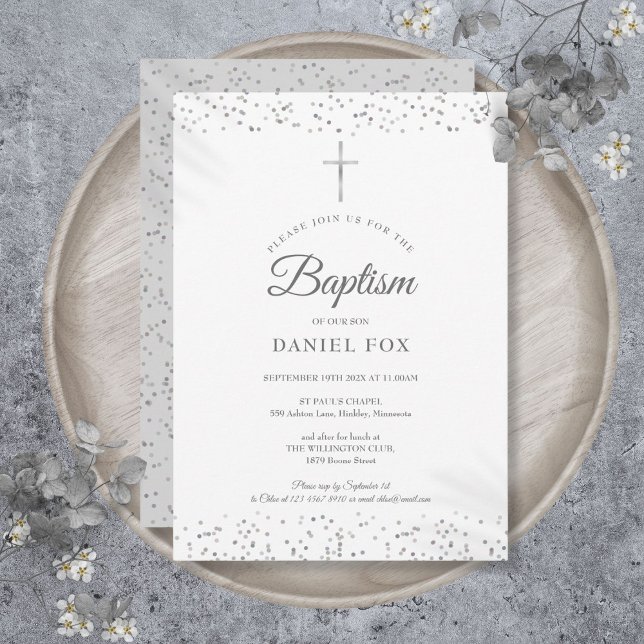 Convites Batismo com Poeira de Estrelas Prateada (Silver Stardust Baptism Christening Invitation)