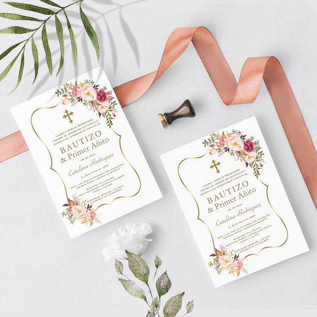 Convites Batismo com primeiro aniversario Dourado de Garota (Criador carregado)