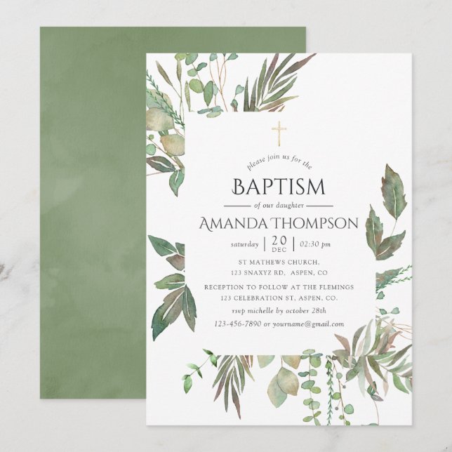 Convites Batismo com Vegetação (Frente/Verso)