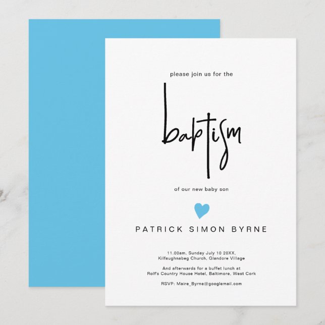 Convites Batismo Contemporâneo Menino Blue Heart Boy (Frente/Verso)