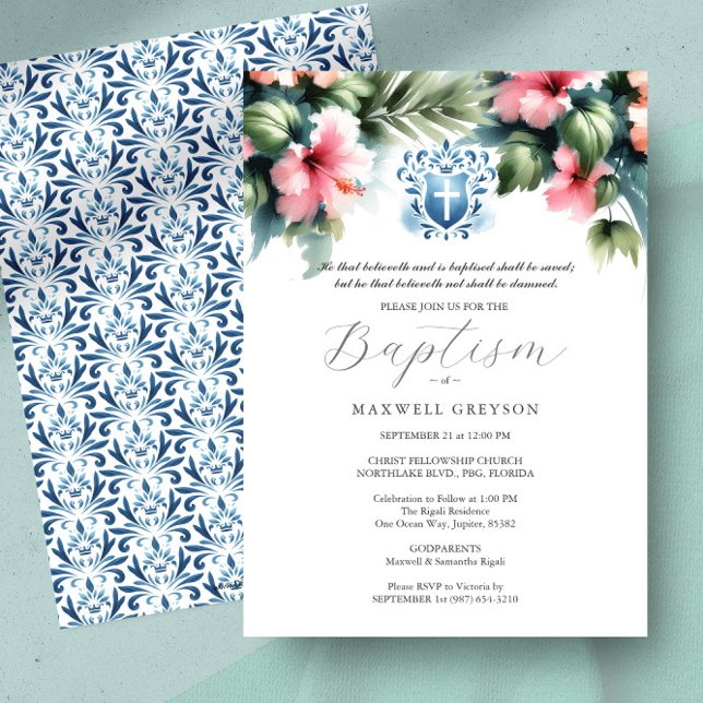 Convites Batismo convoca Azul e Rosa Religiosos (Baptism invitations with godparents names pink hibiscus flowers by Victoria Grigaliunas)