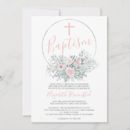 Convites Batismo cor-de-água floral cor-de-rosa de prata
