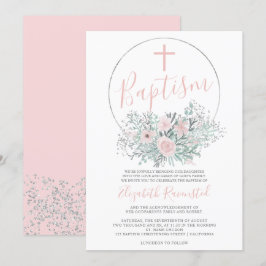 Convites Batismo cor-de-água floral cor-de-rosa de prata