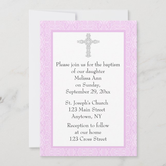 Convites Batismo cor-de-rosa (Frente)