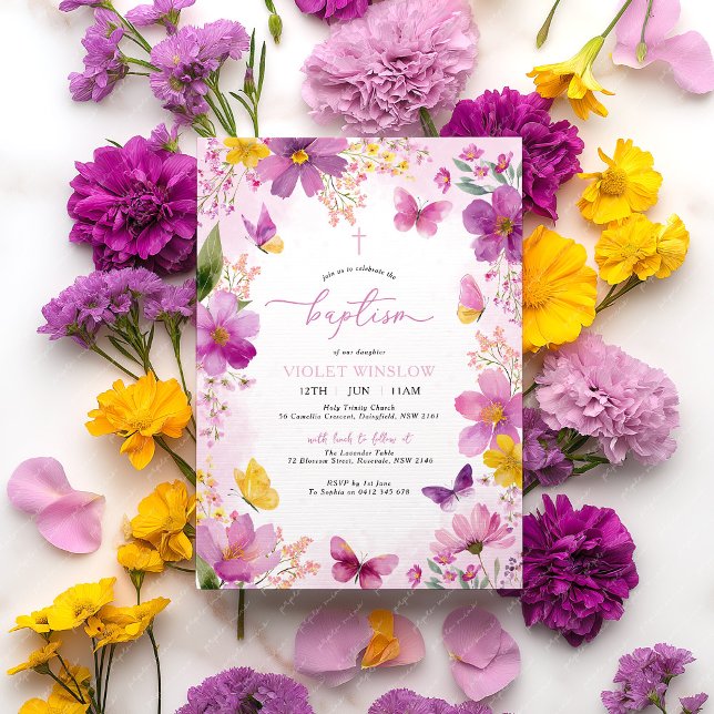 Convites Batismo Cor-de-Rosa Brilhante Floral (Purple Yellow Baptism Invitation )