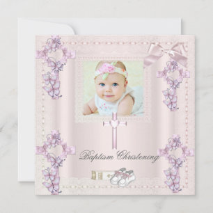 Convites Batismo Creme Cruz Rosa Menina Foto batizado