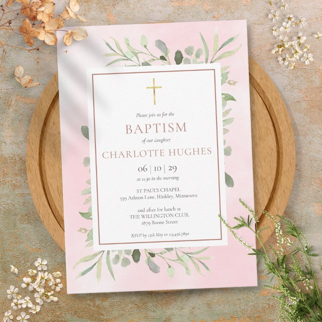 Convites Batismo Crisma Aquarela Verde Rosa Dourado (Baptism Christening Watercolor Greenery Rose Gold Invitation)