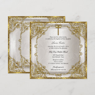 Convites Batismo/Crisma Cruz Damasco Pérola Bege Dourado