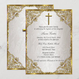 Convites Batismo/Crisma Cruz Damasko Pérola Bege Dourado