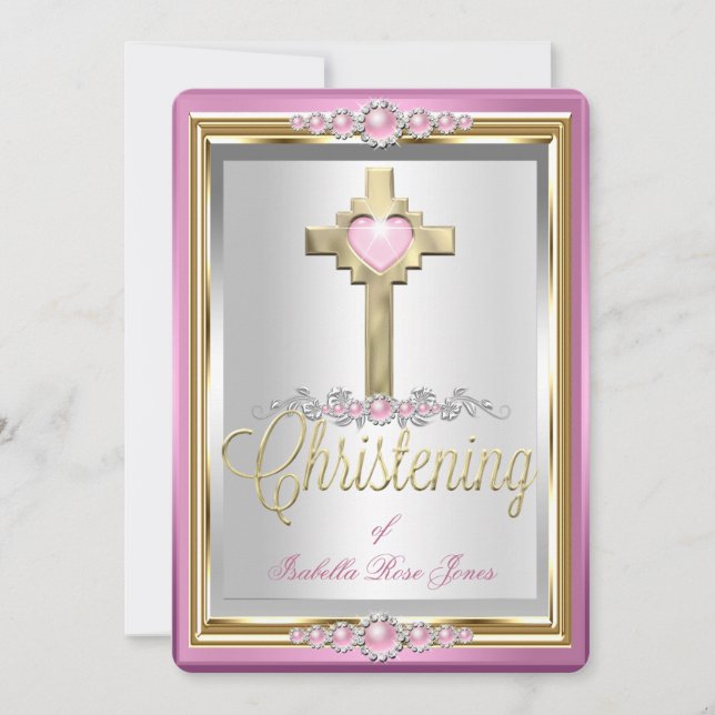 Convites Batismo Crisma Meninas Cruz Rosa Pérola 2 (Frente)