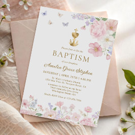 Convites Batismo Cristão de Menina Borboleta Floral Pastel