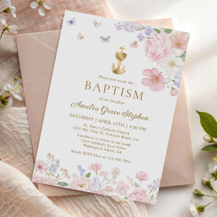 Convites Batismo Cristão de Menina Borboleta Floral Pastel
