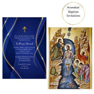 Convites Batismo Cristão Ortodoxo Dourado Metálico Azul Pro