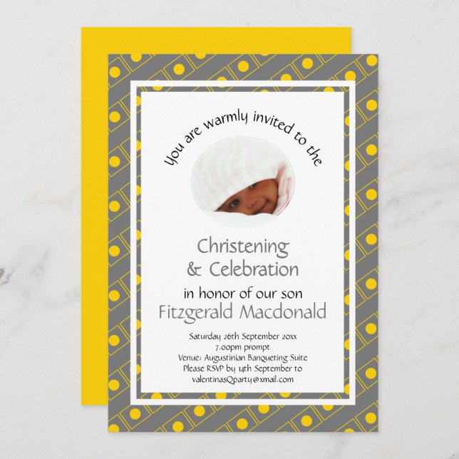 Convites Batismo CRISTENTE | Foto | Cinza amarela Na moda (Frente/Verso)